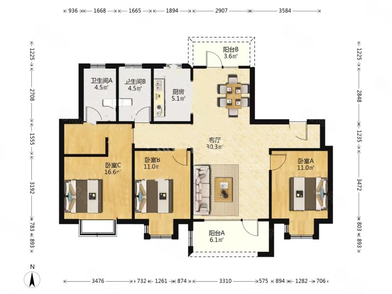 中铁世博城阅园东区3室2厅2卫130㎡南北140万