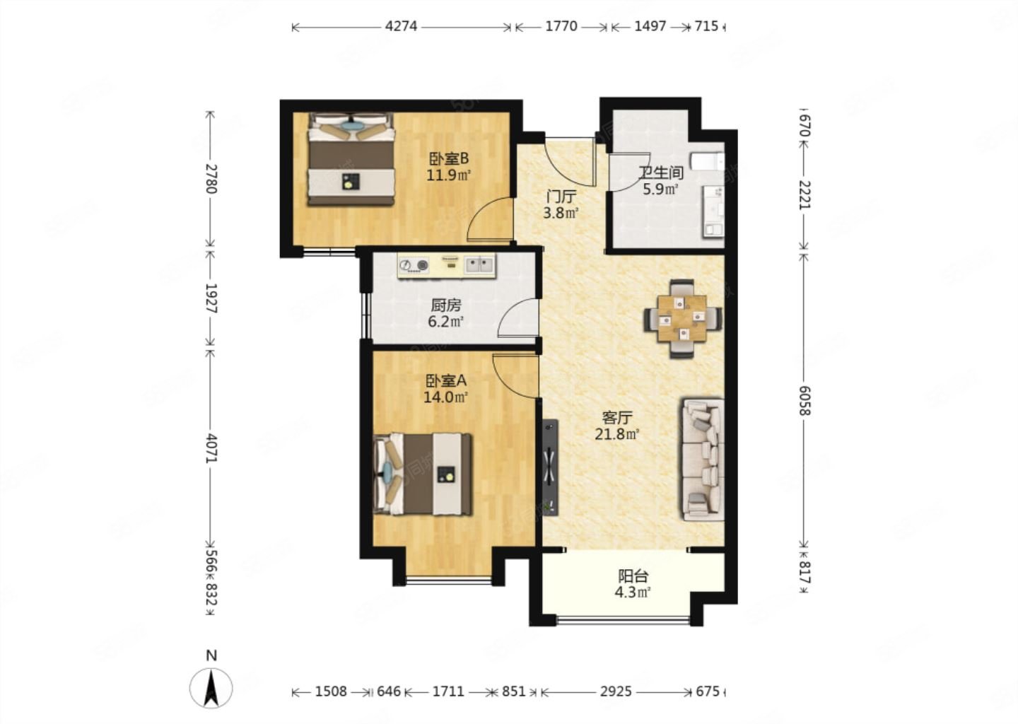 同祥城2室2厅1卫94.85㎡南99万
