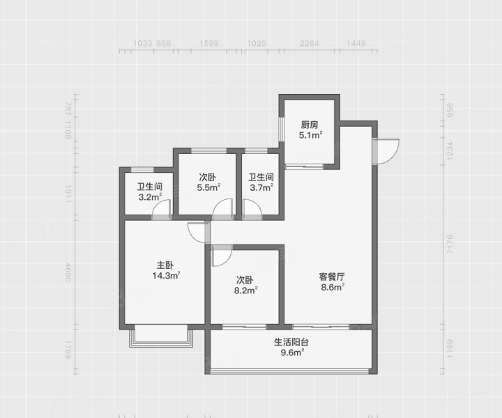 绿地江海图3室2厅2卫100㎡南北96万