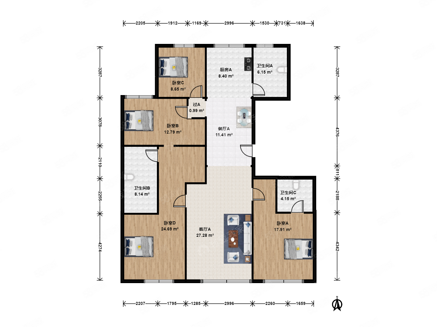 和光塵樾4室2廳3衛(wèi)181.43㎡南北1500萬