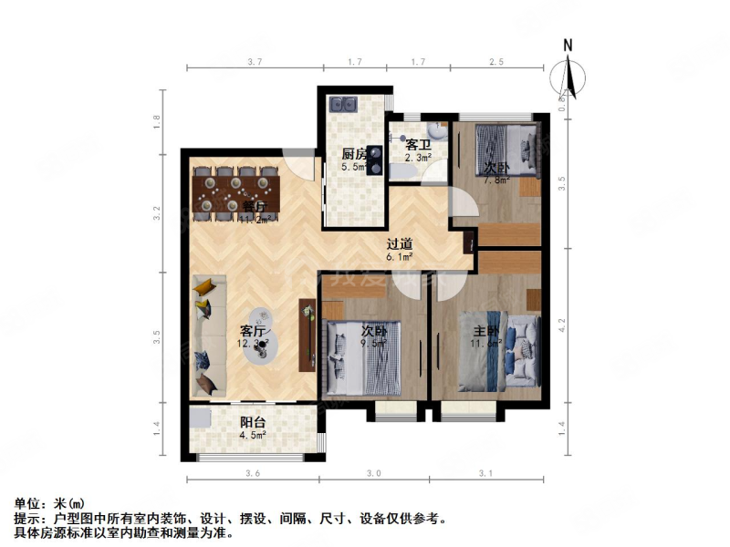 柠檬花园3室2厅1卫93.3㎡南北165万