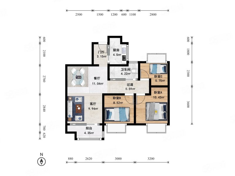 万科北宸之光3室2厅1卫88.12㎡南230万