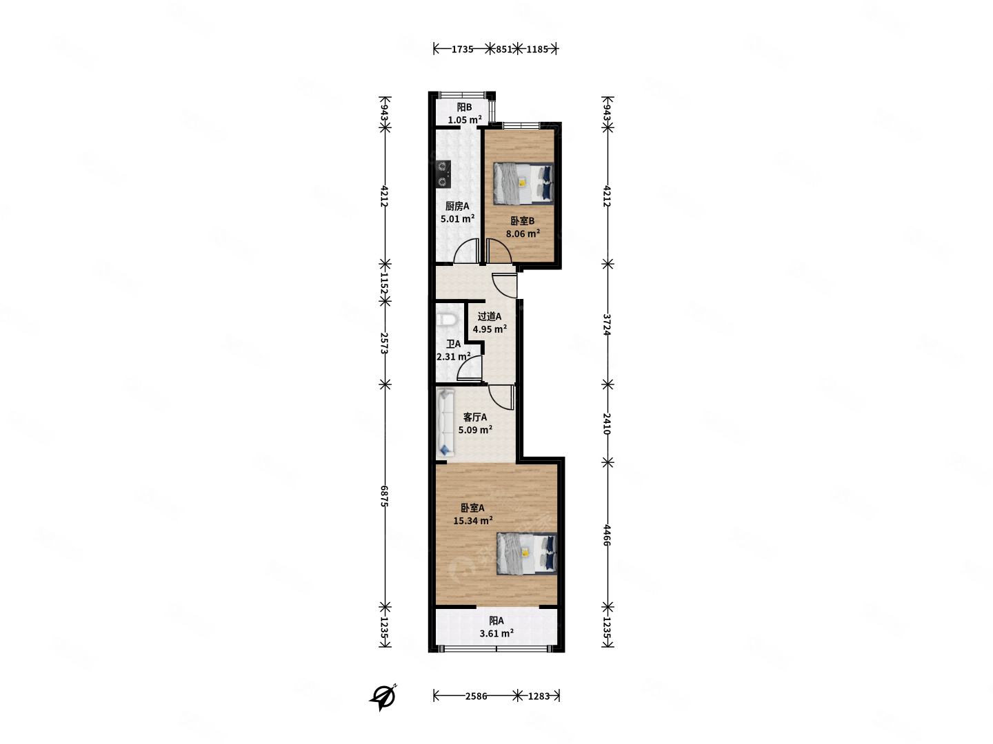 三源里街小區(qū)2室1廳1衛(wèi)64.6㎡南北350萬(wàn)