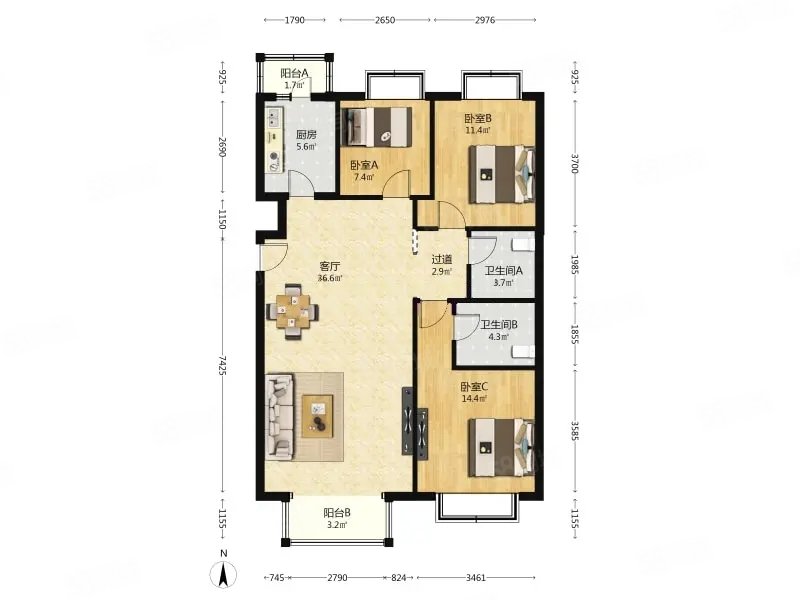 彩虹街區(qū)3室2廳2衛(wèi)119.27㎡南北599萬