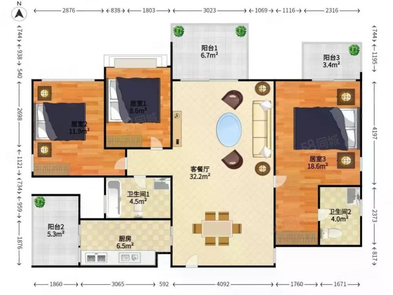 奕翠园3室2厅2卫122.32㎡南北200万