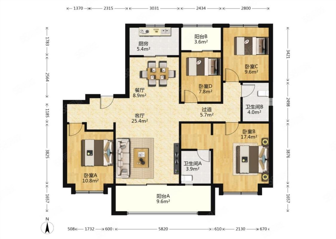融创璟园4室2厅2卫141.26㎡南北245万