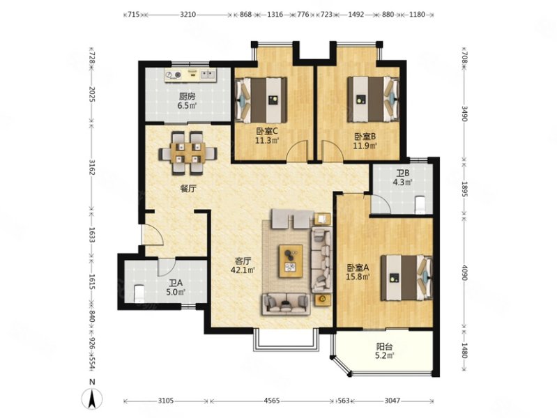 华清学府城3室2厅2卫135.26㎡南北215万