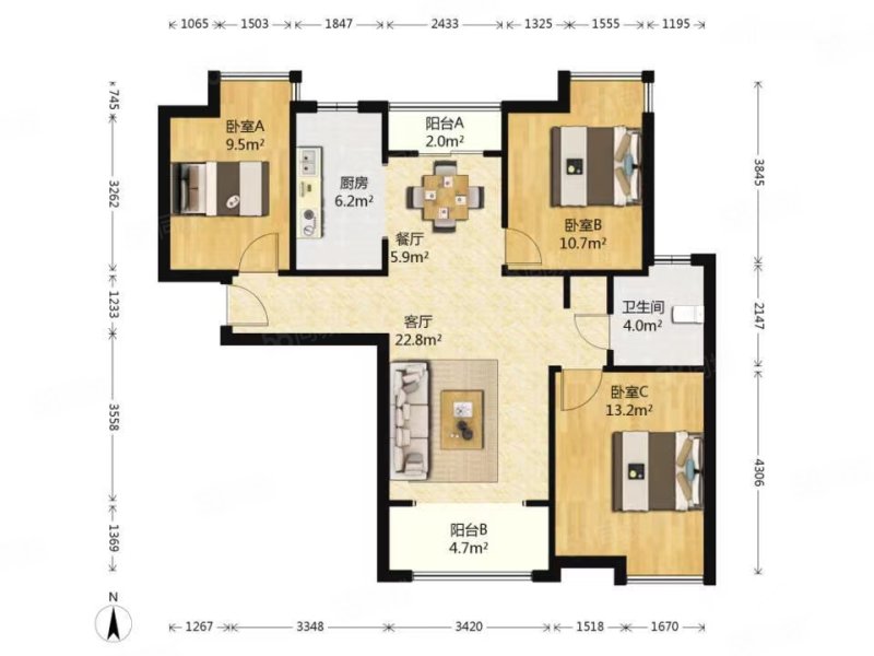 中邦城市园3室2厅1卫102.93㎡南北595万