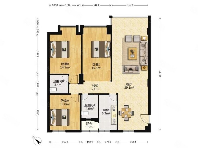 兴元绿洲3室2厅2卫120㎡南北155万