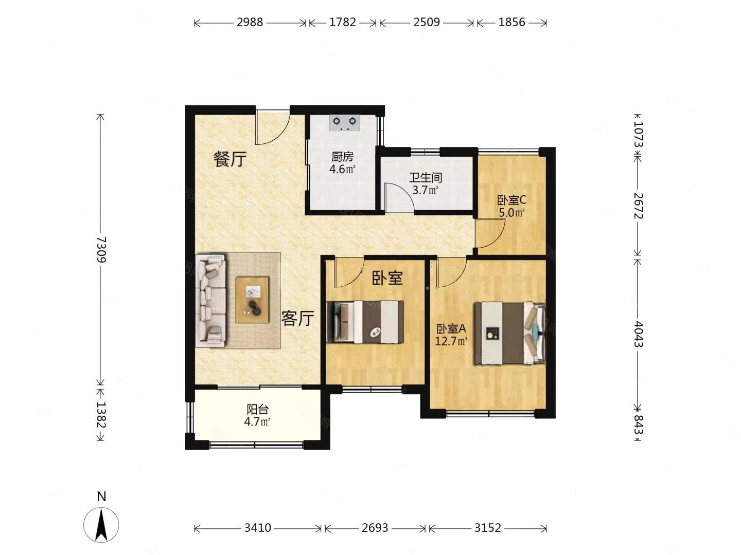 东方蓝海(A区)3室2厅1卫92.31㎡南北165万