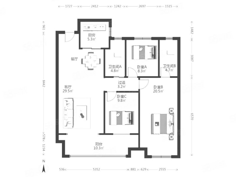 金泰瑞府3室2厅2卫133㎡南北140万