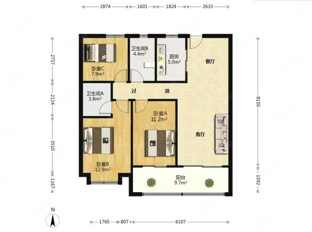 绿城招商诚园3室2厅2卫111.42㎡南北248万