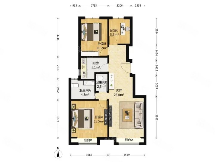 金域東郡3室2廳2衛(wèi)90.47㎡南北480萬