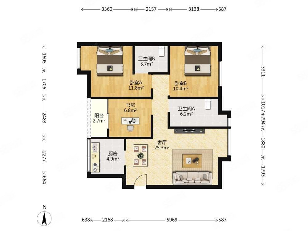 航空祥郡(公寓住宅)2室2厅2卫90㎡南178万