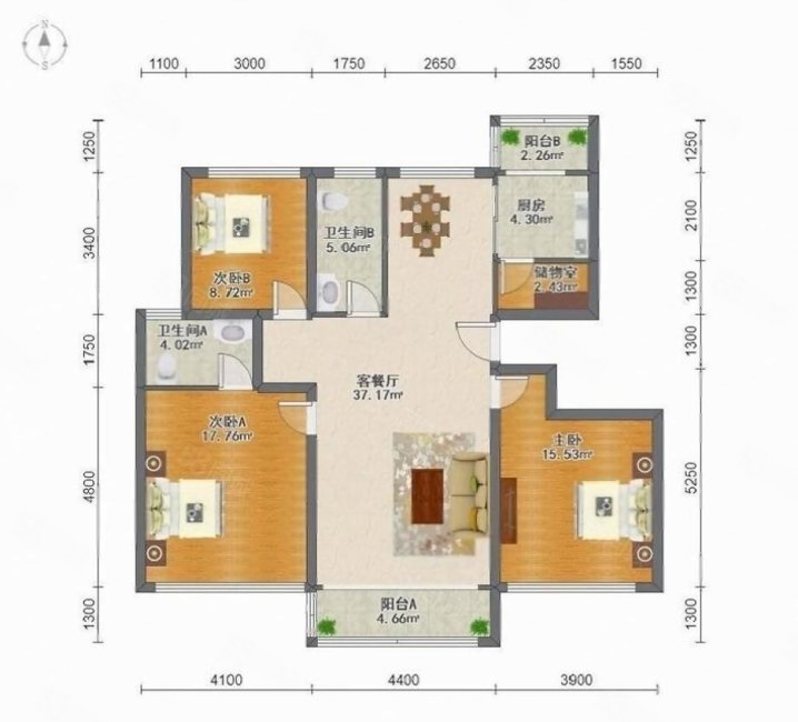 绿港家园4区3室2厅2卫131㎡南北414万