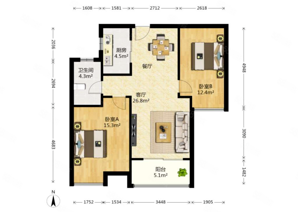 融创城融祥园2室2厅1卫86.01㎡南北155万