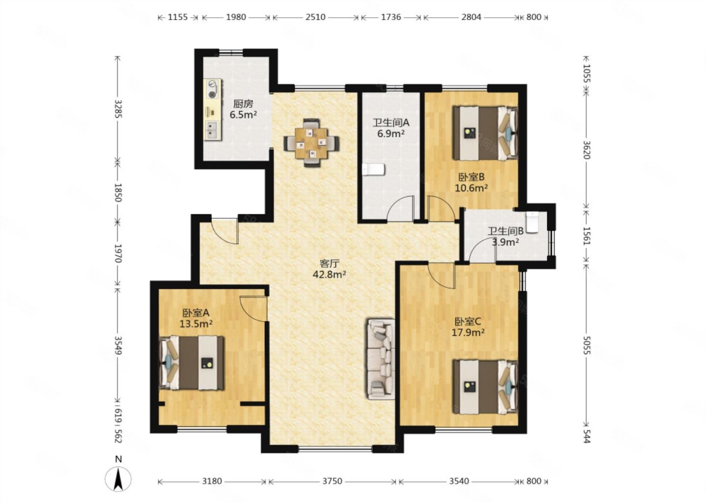 绿城全运村留香苑3室2厅2卫130㎡南北188万