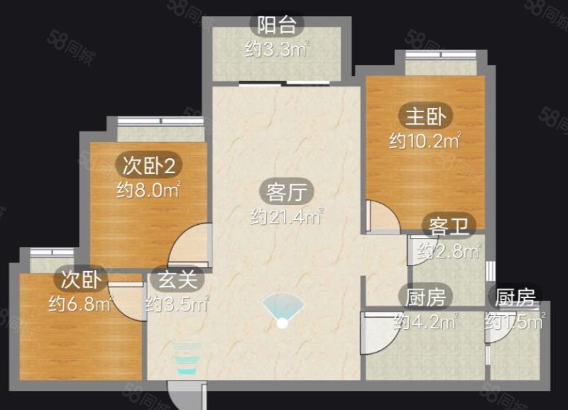 蓝光公园悦湖(二期)3室1厅1卫88㎡南北115万