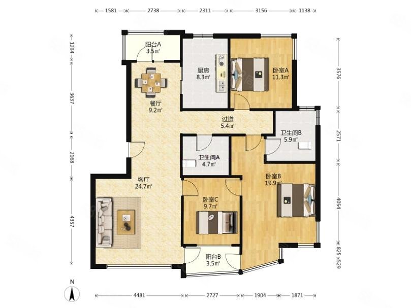 时代奥城3室2厅2卫142.95㎡南北450万