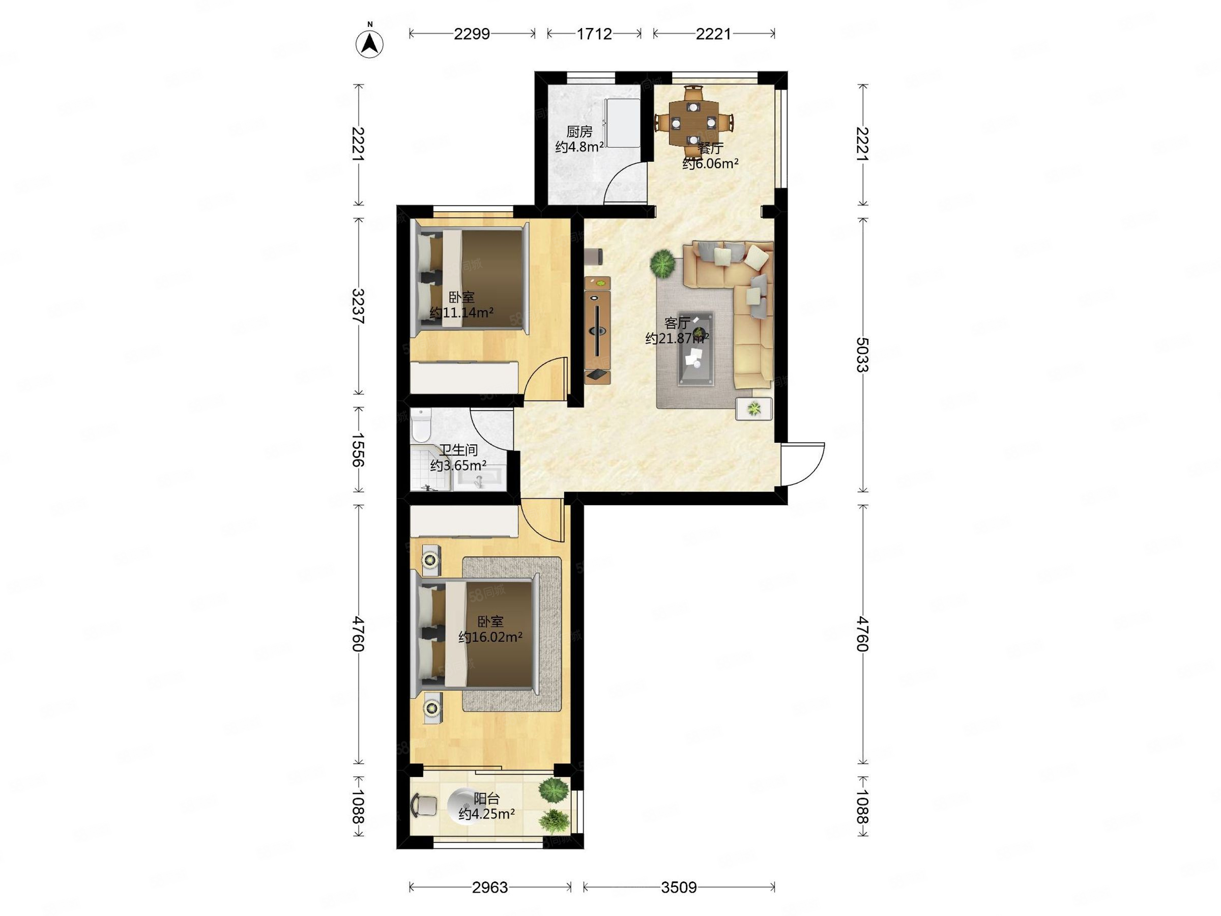 葡東小區(qū)2室1廳1衛(wèi)74.53㎡南北140萬