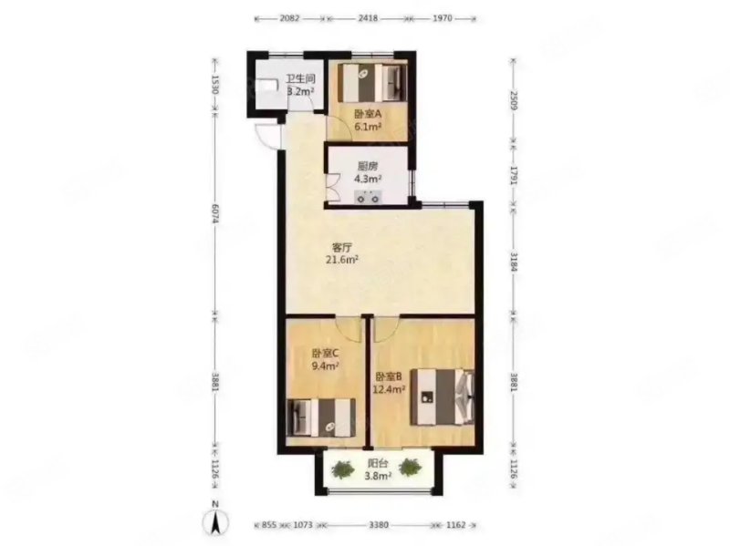 清荷园北园3室2厅1卫90㎡南北182万