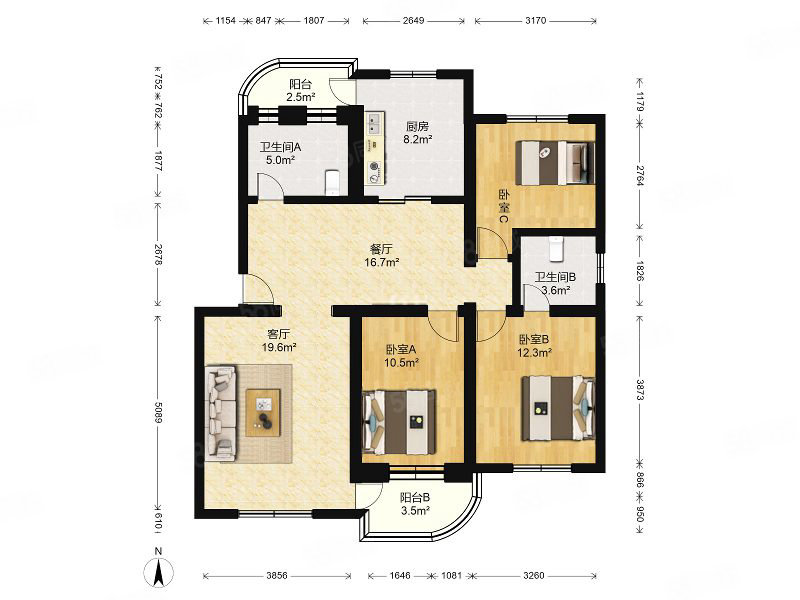 王府温馨公寓3室2厅2卫123.1㎡南北370万