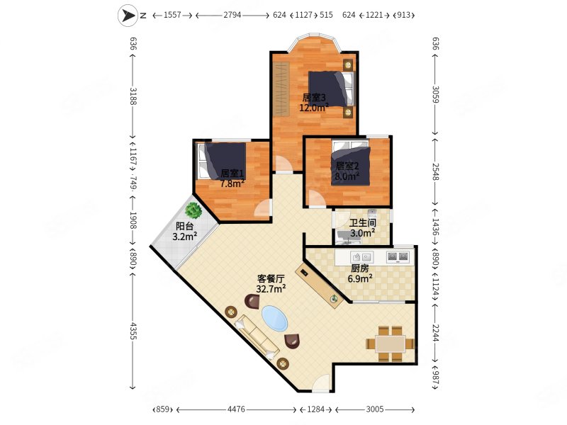 前海花园3室2厅1卫88.45㎡西590万