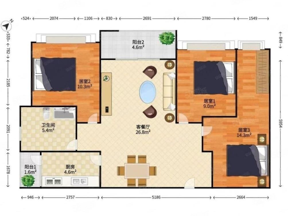 中山苑3室2厅2卫70㎡南北108万