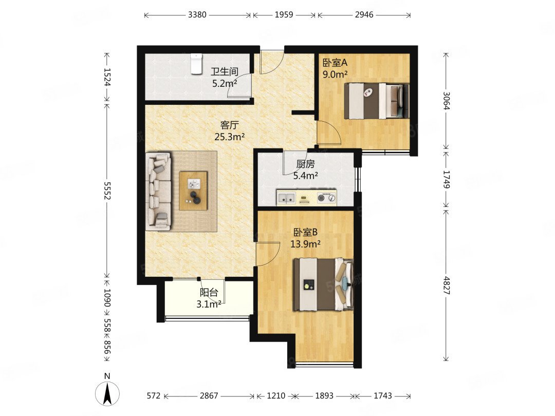 金域華府(一期)2室1廳1衛(wèi)85.67㎡南420萬