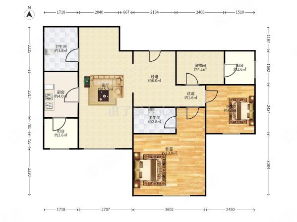 惠众家园3室2厅1卫91㎡南北185万