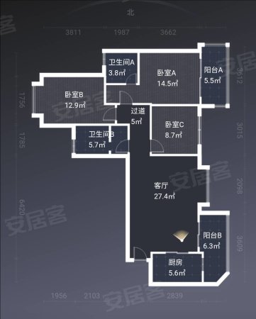 恒大外滩3室2厅2卫126.58㎡南北243万