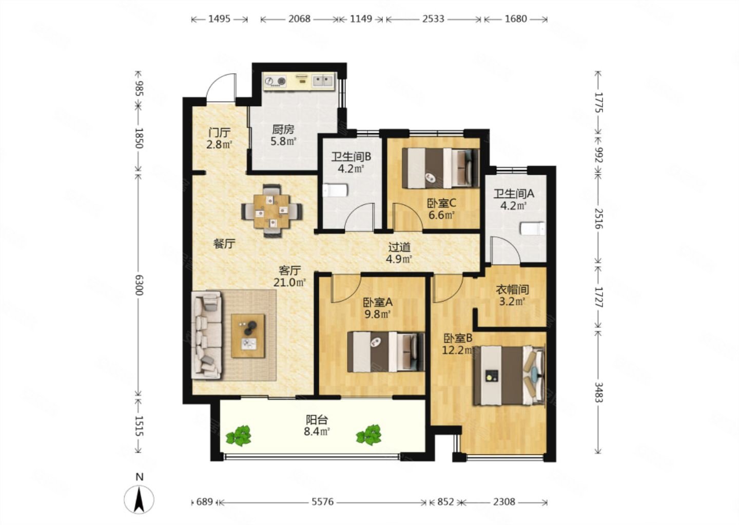 元垄城宁园3室2厅2卫88.38㎡南北205万