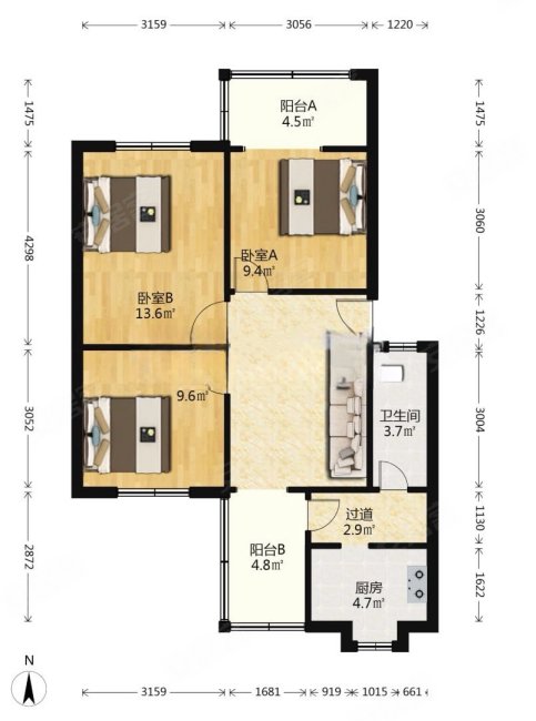 七道堰街11号小区3室2厅1卫75.92㎡南北82万