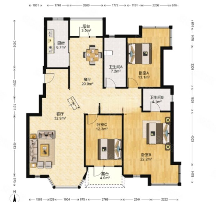 幸福e家四期3室2厅2卫137㎡南389万