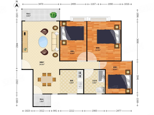 桃源村(三期)3室2厅1卫80㎡南北550万