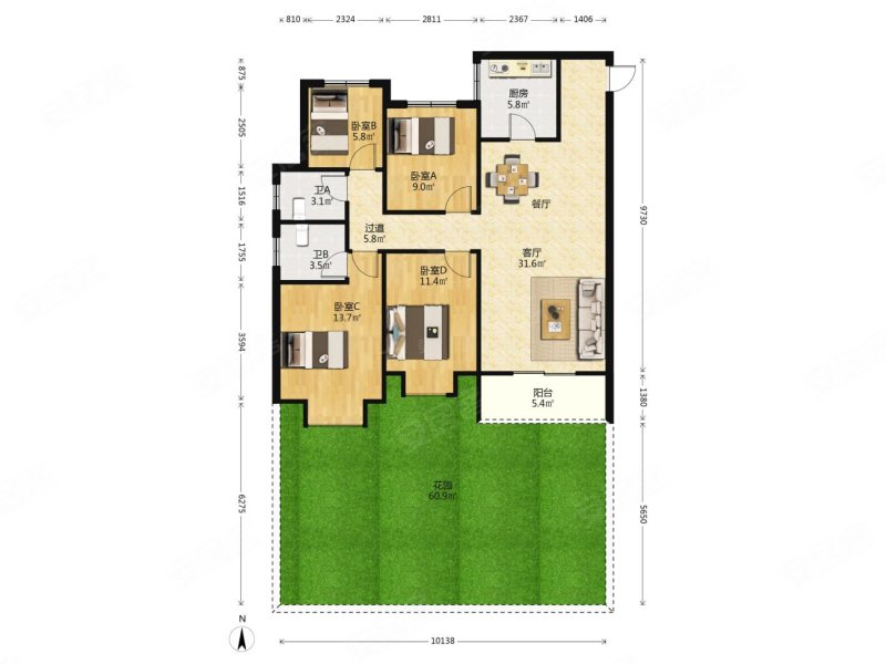 全新新小区一楼带花园4室2卫诚心出售,华耀城佳兆业水岸新都二手房,96