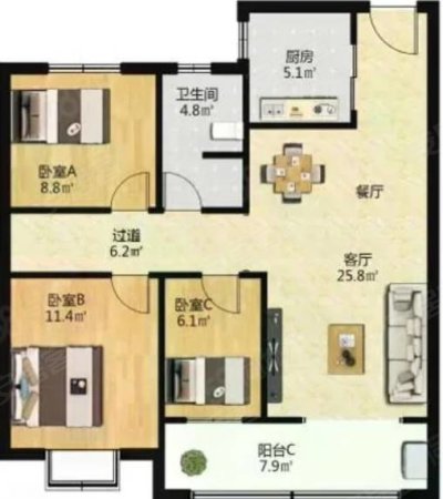 中晟学府美地3室2厅1卫108㎡南70万