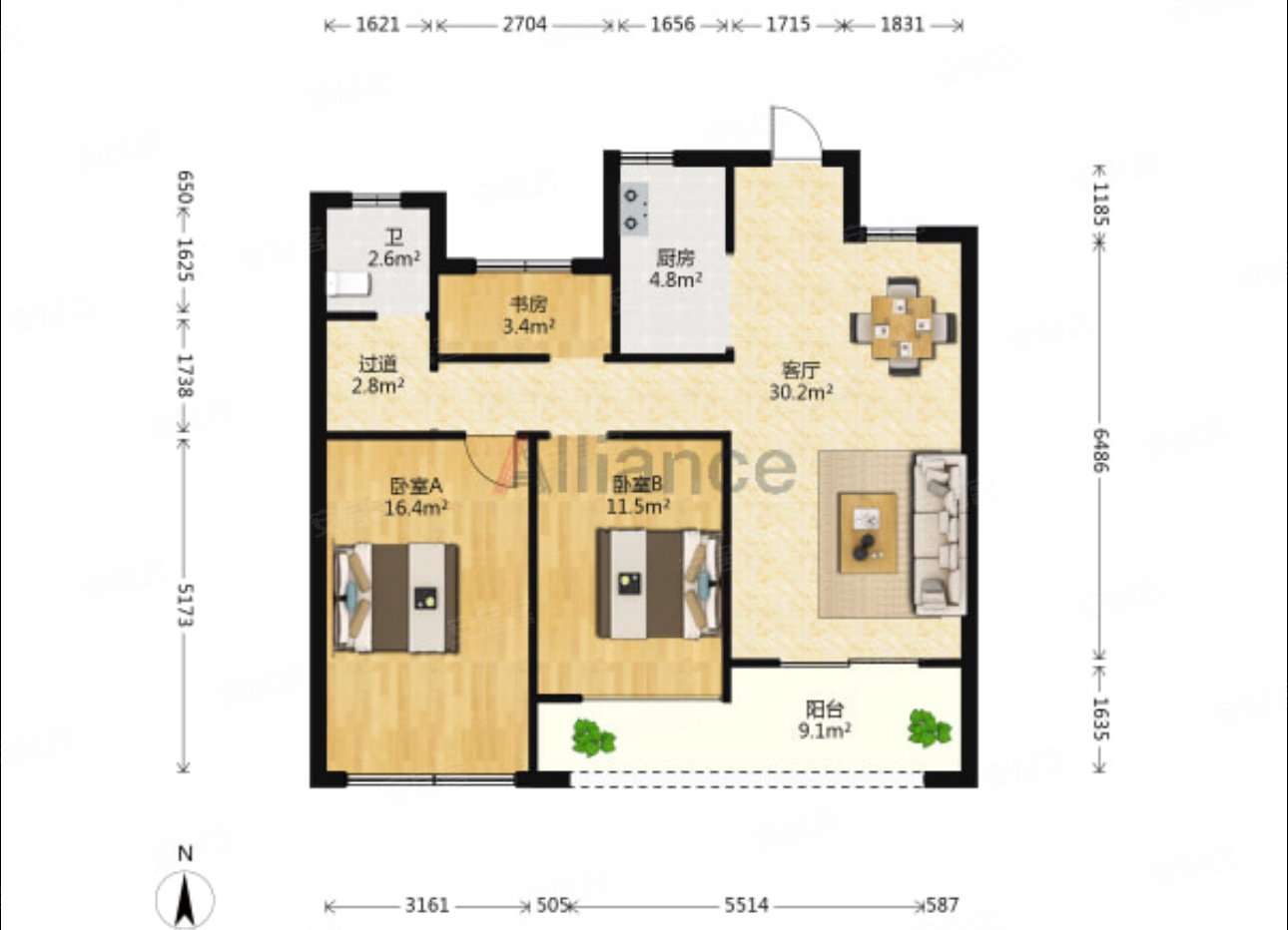 恒宇锦园3室2厅1卫96.2㎡南北165万