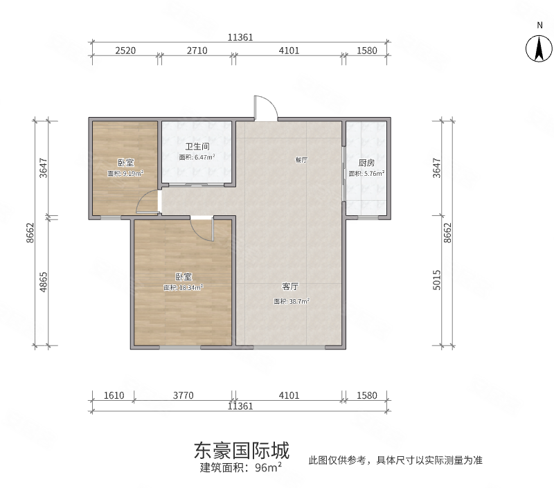 东豪国际城2室2厅1卫96㎡南北53万