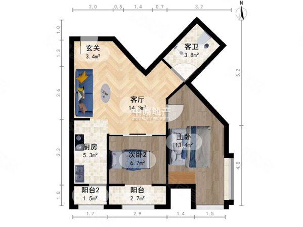 格普澜轩2室1厅1卫71.09㎡南北396万