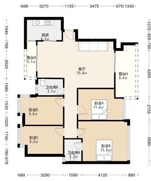 天和家园4室2厅2卫131.96㎡南北112万