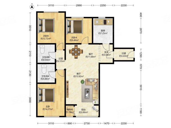 万科四季花城3室2厅2卫122㎡南北517万