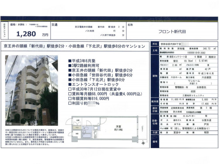 日本东京都约¥65万フロント新代田二手房公寓图片