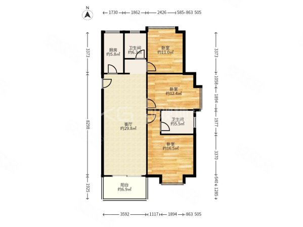 中建龙庭嘉园3室2厅2卫105.67㎡南北379万