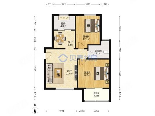 中房阳光美域2室2厅1卫94㎡南北90万