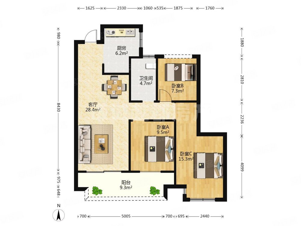 电梯房88平3室1厅元垄城宁园采光好周边商圈成熟
