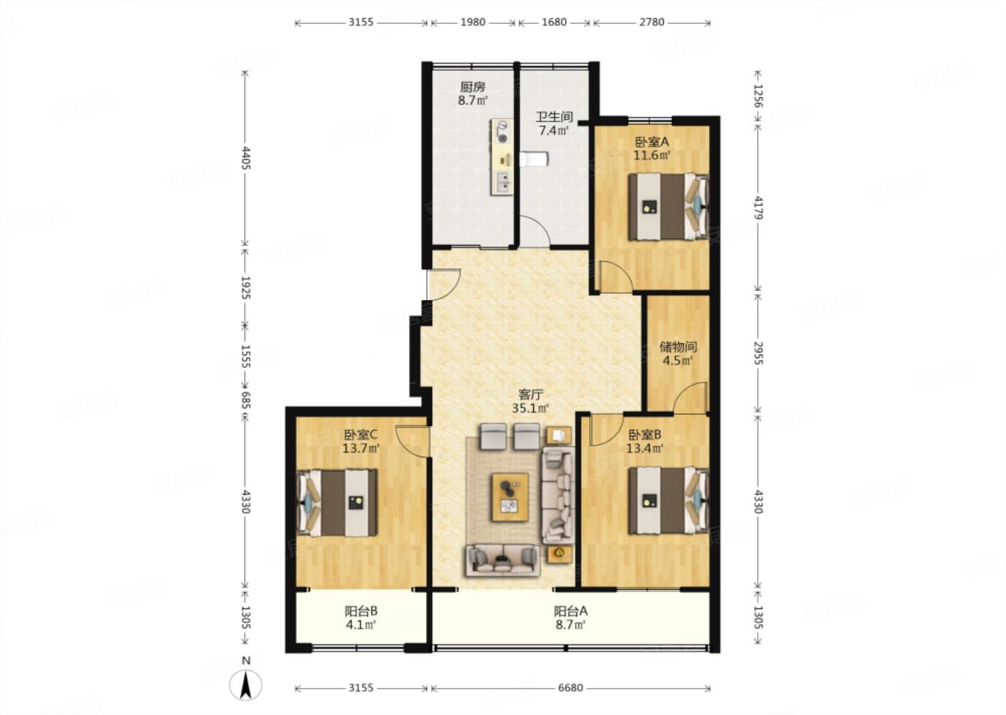 锦安花园3室2厅1卫125㎡南北170万