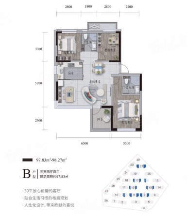 蔚蓝海岸极屿3室2厅2卫95㎡南北138万