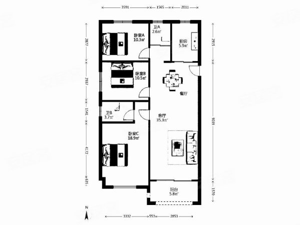 碧桂园秦都府一期3室2厅2卫123㎡南北118万