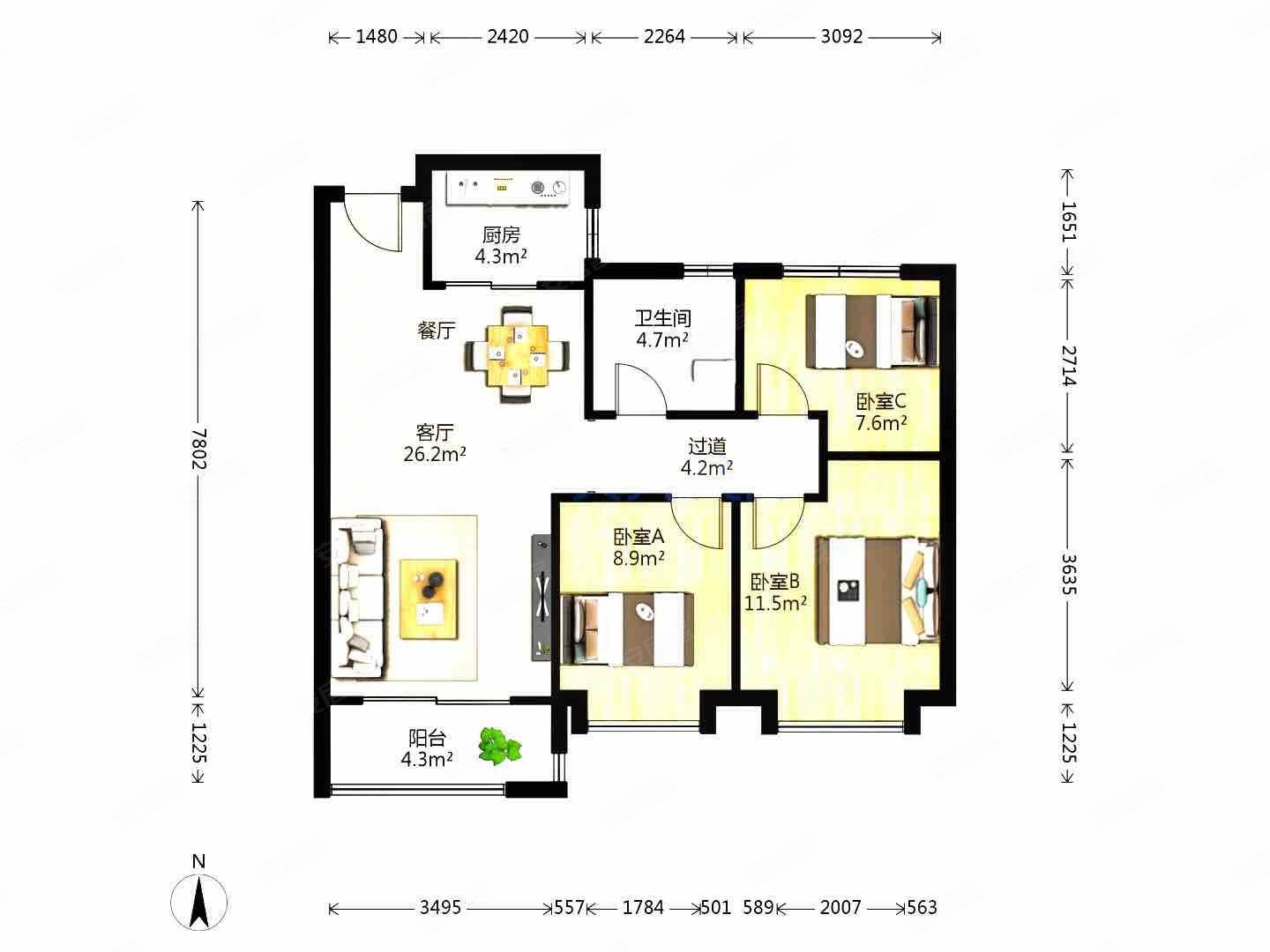 地铁口四号线天鹅湖当代凤曦府 3室2厅1卫,天鹅
